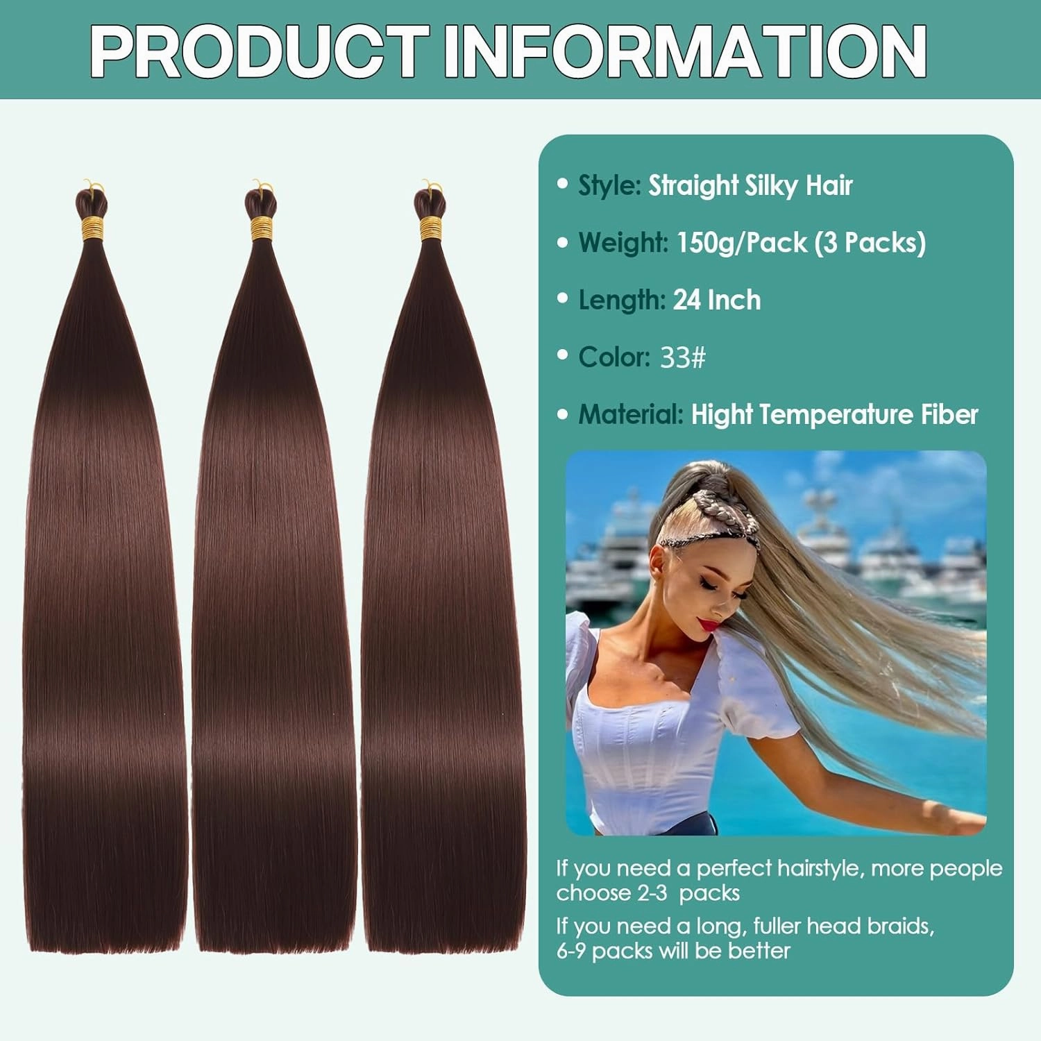 24 Inch Bone Straight Braiding Hair 150g 3 Packs Straight Hair Extensions, Brown Ariel Straight Ponytail Hair Bundles, Ombre Soft Synthetic Hair for Women (33#, 24 Inch 3 Bundles)