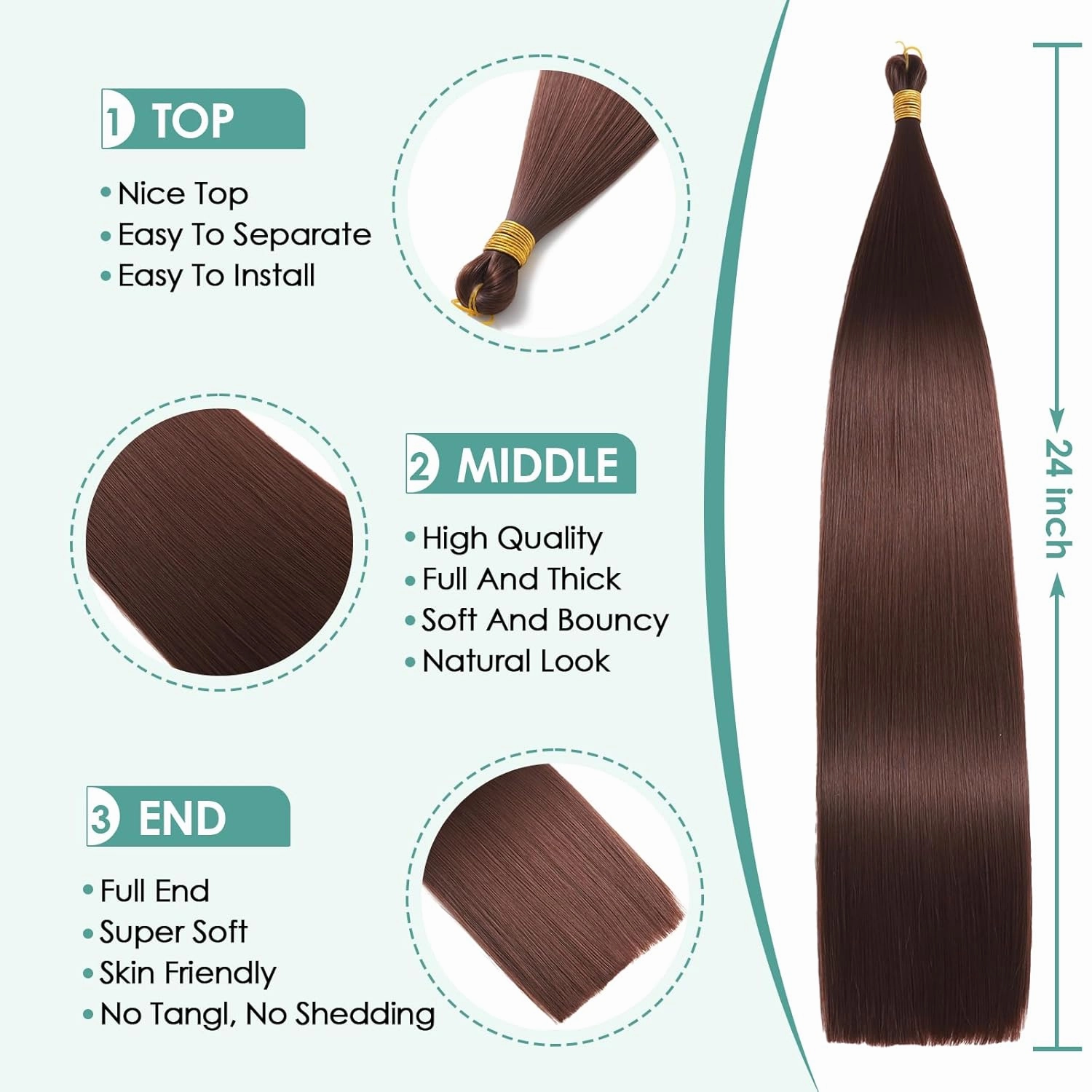 24 Inch Bone Straight Braiding Hair 150g 3 Packs Straight Hair Extensions, Brown Ariel Straight Ponytail Hair Bundles, Ombre Soft Synthetic Hair for Women (33#, 24 Inch 3 Bundles)