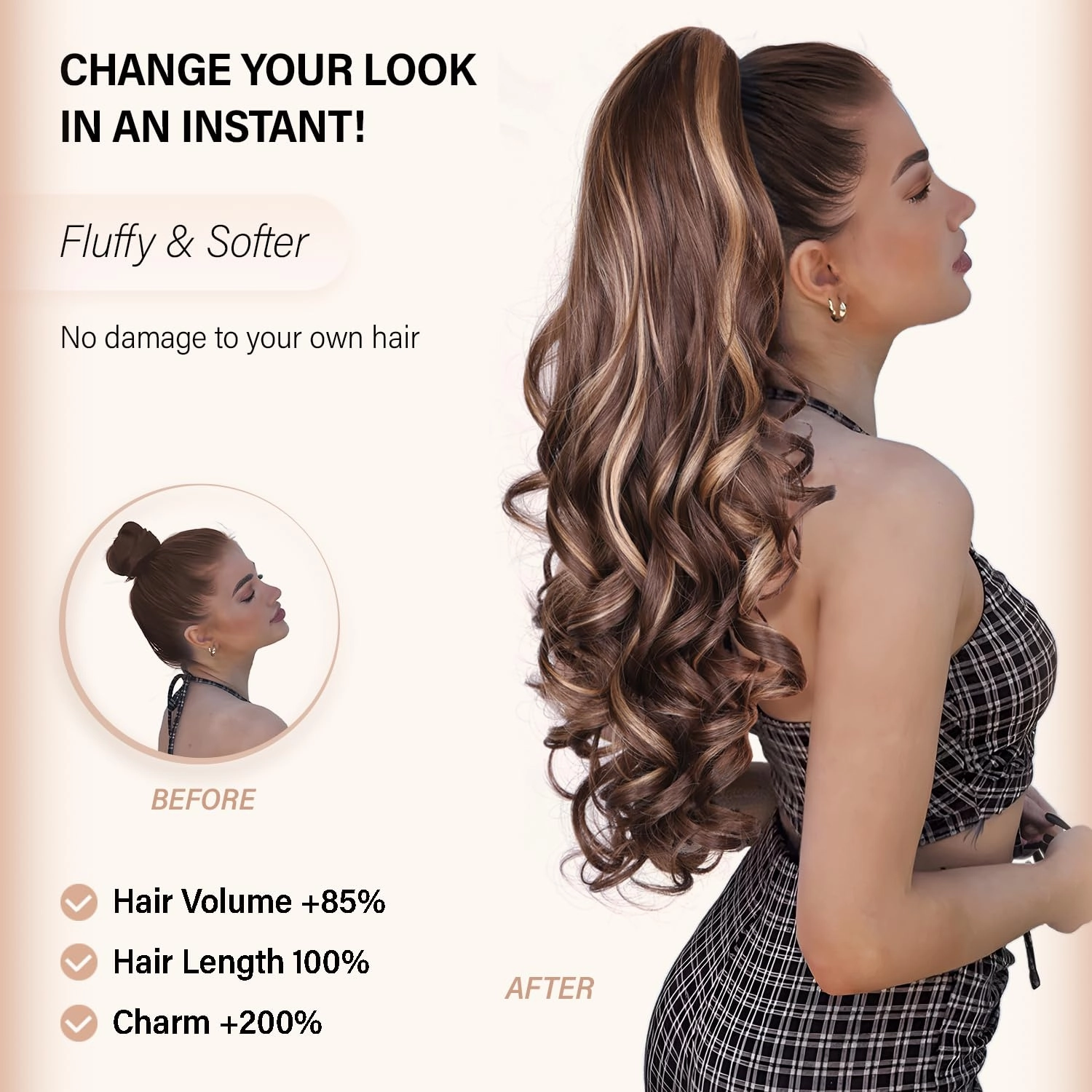 24 Inch Ponytail Extension, Clip on Ponytails for Women, Long Curly Wavy Ponytail Extensions for Women, Synthetic Layered Pony Tails Hair Extensions (Color: Chestnut Brown With Golden Highlights)