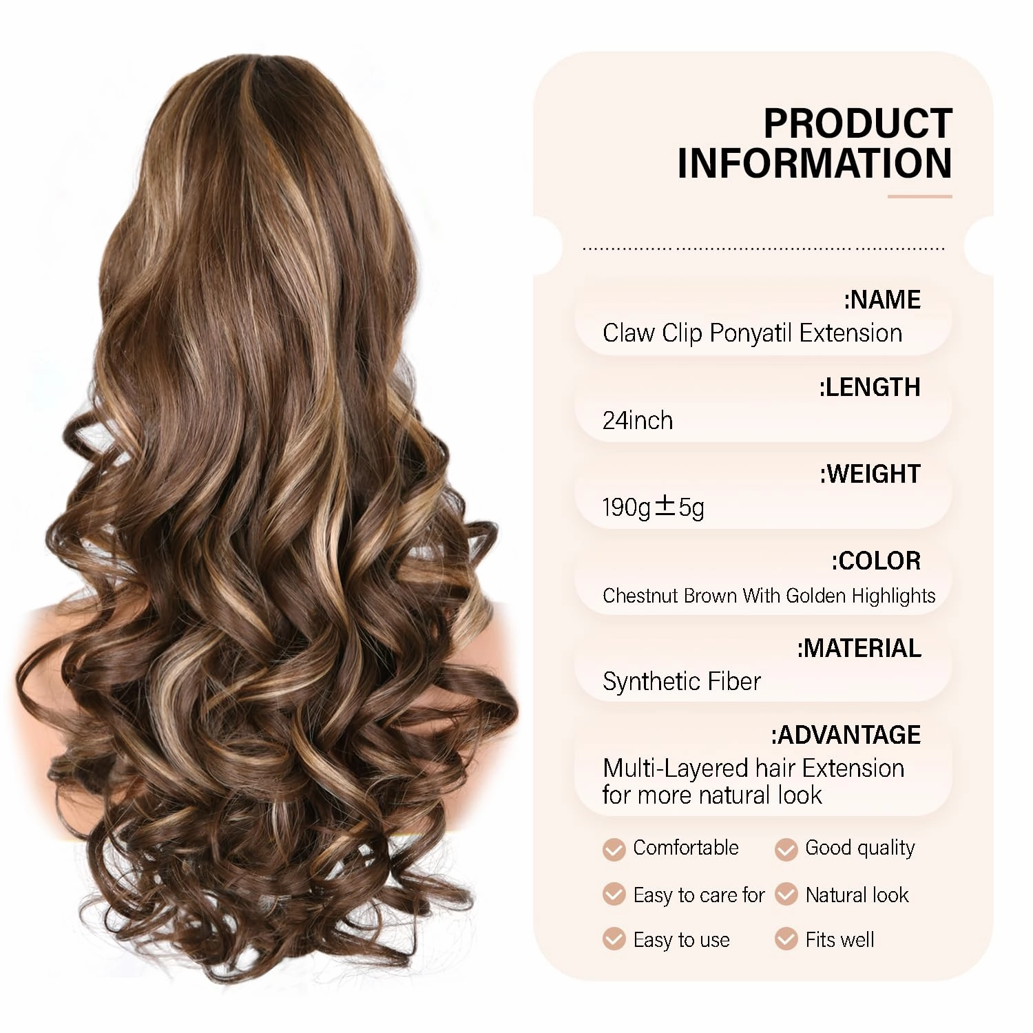 24 Inch Ponytail Extension, Clip on Ponytails for Women, Long Curly Wavy Ponytail Extensions for Women, Synthetic Layered Pony Tails Hair Extensions (Color: Chestnut Brown With Golden Highlights)