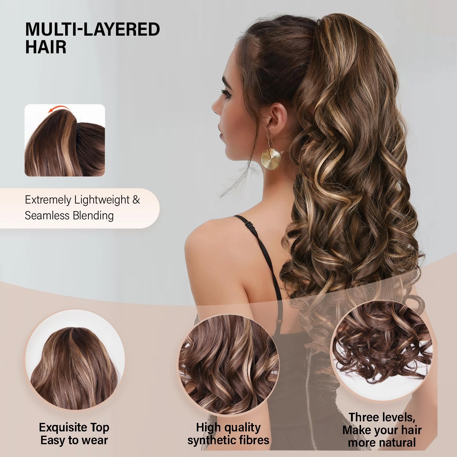24 Inch Ponytail Extension, Clip on Ponytails for Women, Long Curly Wavy Ponytail Extensions for Women, Synthetic Layered Pony Tails Hair Extensions (Color: Chestnut Brown With Golden Highlights)