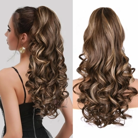 24 Inch Ponytail Extension, Clip on Ponytails for Women, Long Curly Wavy Ponytail Extensions for Women, Synthetic Layered Pony Tails Hair Extensions (Color: Chestnut Brown With Golden Highlights)