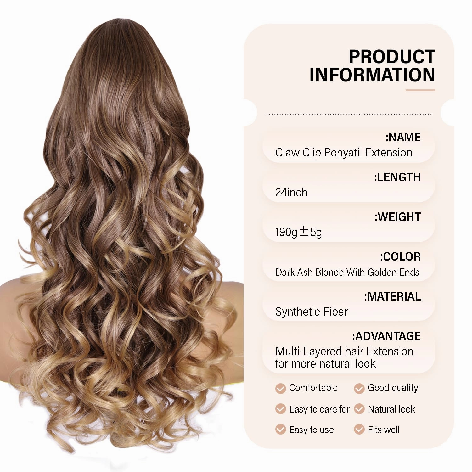 24 Inch Wavy Ponytail Extension, Layered Ponytail Extensions for Women, Soft Synthetic Hair Pieces for Women (Color: Dark Ash Blonde With Golden Ends)