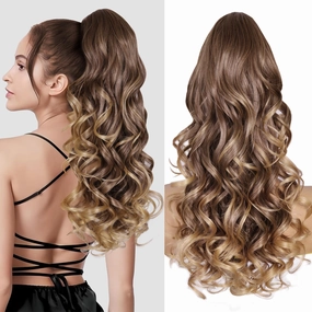 24 Inch Wavy Ponytail Extension, Layered Ponytail Extensions for Women, Soft Synthetic Hair Pieces for Women (Color: Dark Ash Blonde With Golden Ends)