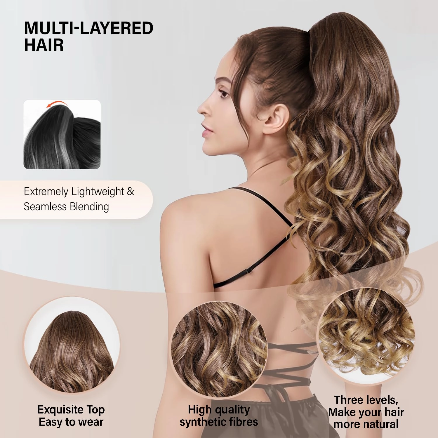 24 Inch Wavy Ponytail Extension, Layered Ponytail Extensions for Women, Soft Synthetic Hair Pieces for Women (Color: Dark Ash Blonde With Golden Ends)