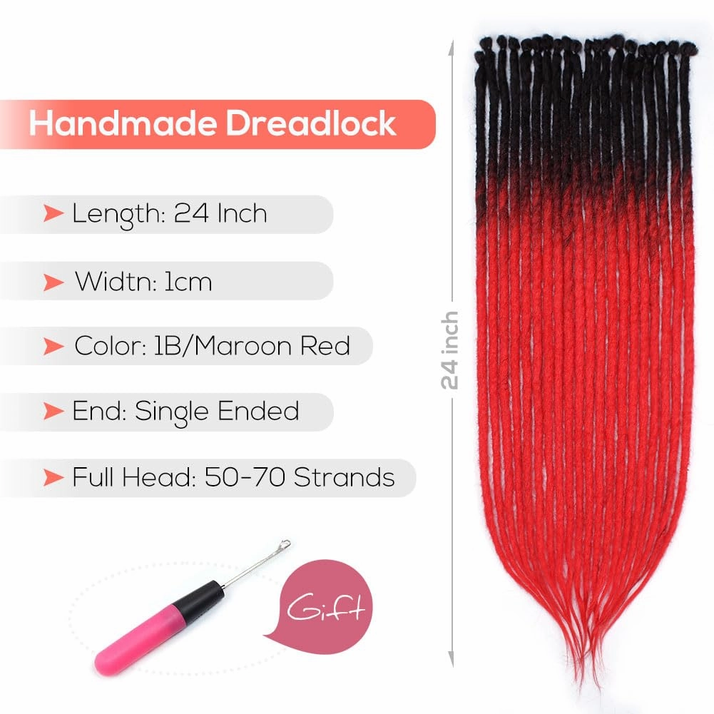 24" SE Thick Dreadlocks Extensions,40 pcs Crochet Dread Braidings Of Synthetic Hair Hip Hop Style For Women and Man, 1B/Maroon Red