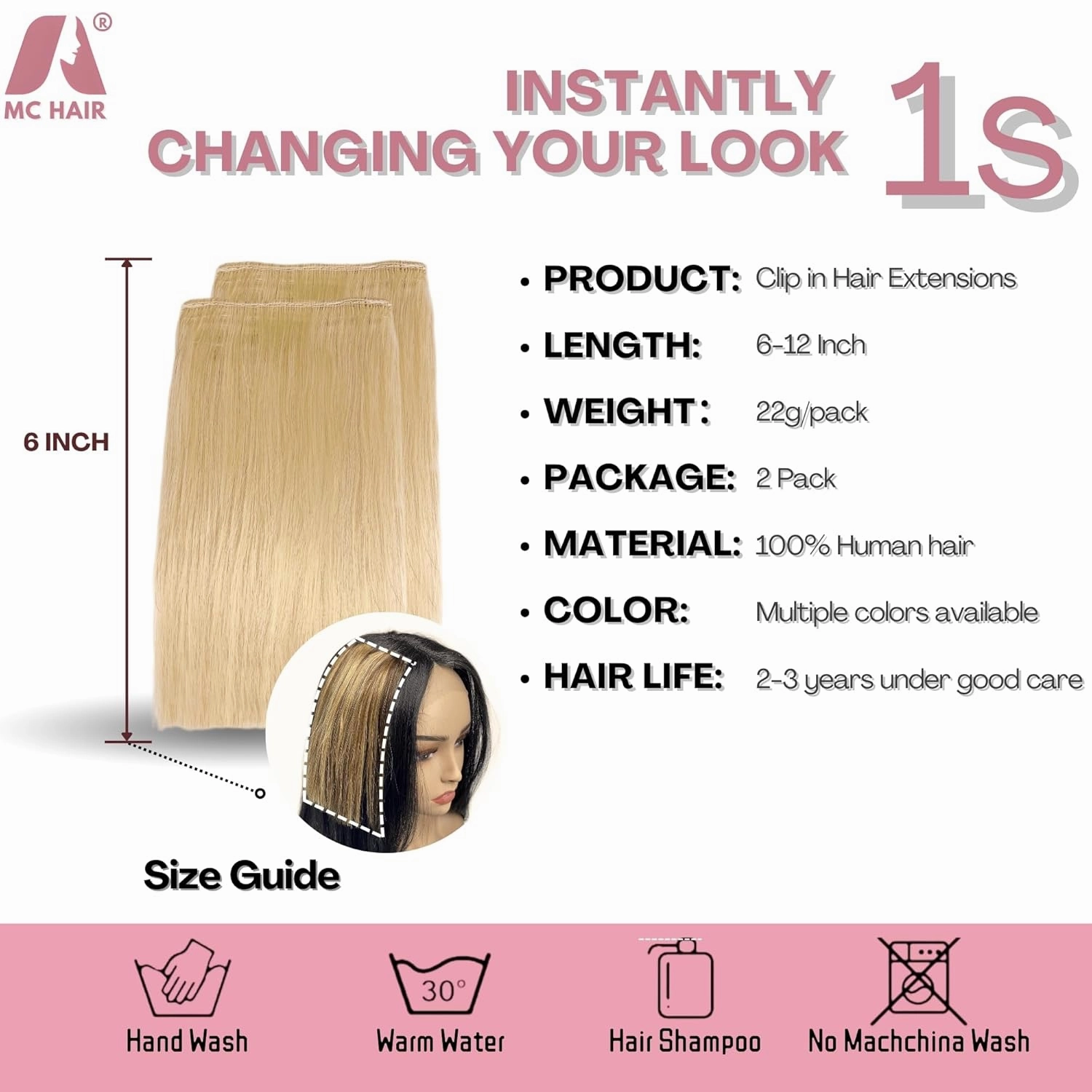 2 Pcs Short Clip in Hair Extensions, Human Hair Clip in Extensions Women Adding Volume 6 inch Golden Blonde