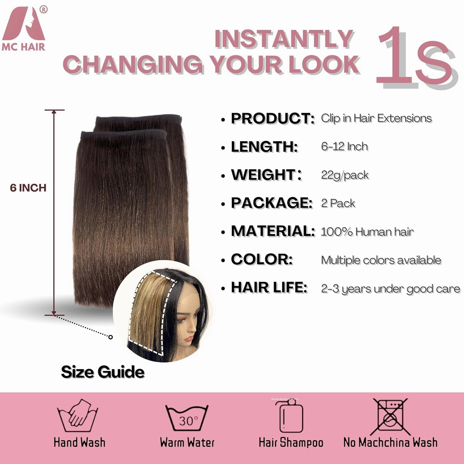 2 Pcs Short Hair Extensions, Extensions Clip in Human Hair for Women Adding Volume 6 inch Dark Brown