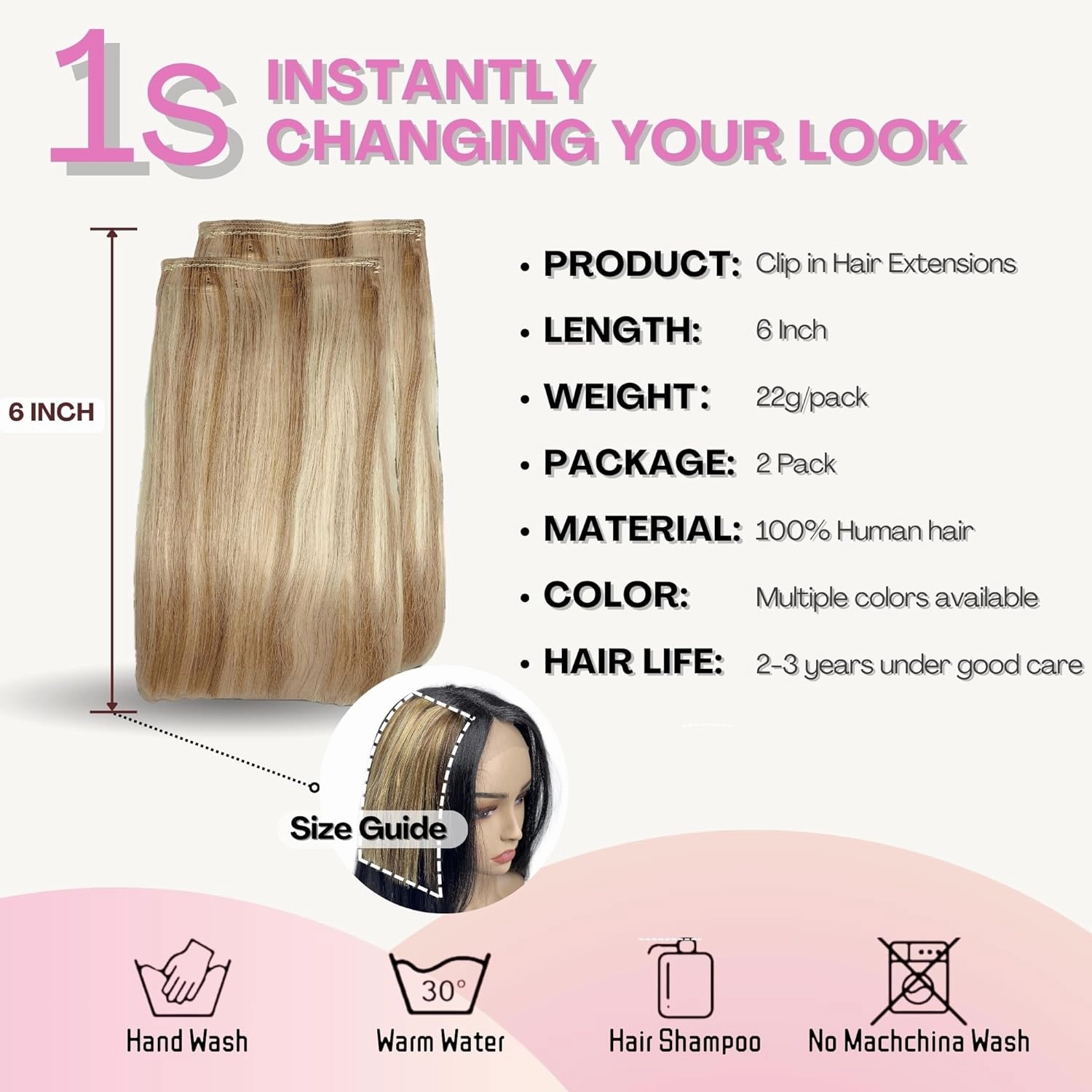 2 Pcs Short Hair Extensions, Human Hair Clip in Extensions, Real Hair Extensions Clip in Human Hair, Hair Pieces for Women 6 inch Light Golden Brown Mixed Bleach Blonde