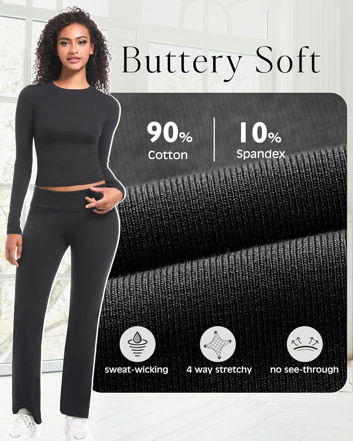 2 Piece Lounge Sets for Women Casual Long Sleeve Crop Top Fold Over Flare Yoga Leggings Pants Outfits Pajamas Set