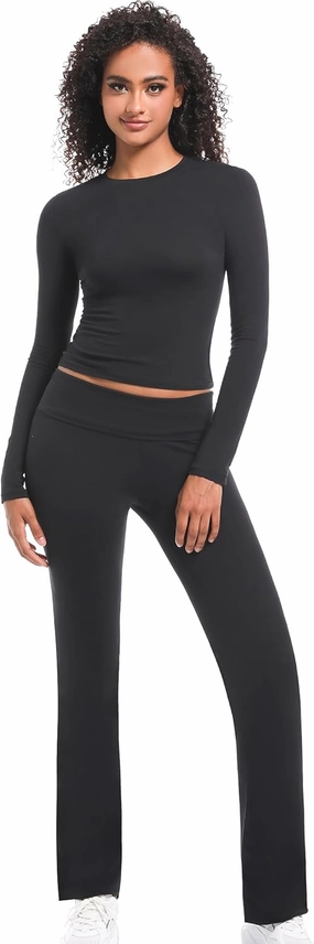 2 Piece Lounge Sets for Women Casual Long Sleeve Crop Top Fold Over Flare Yoga Leggings Pants Outfits Pajamas Set