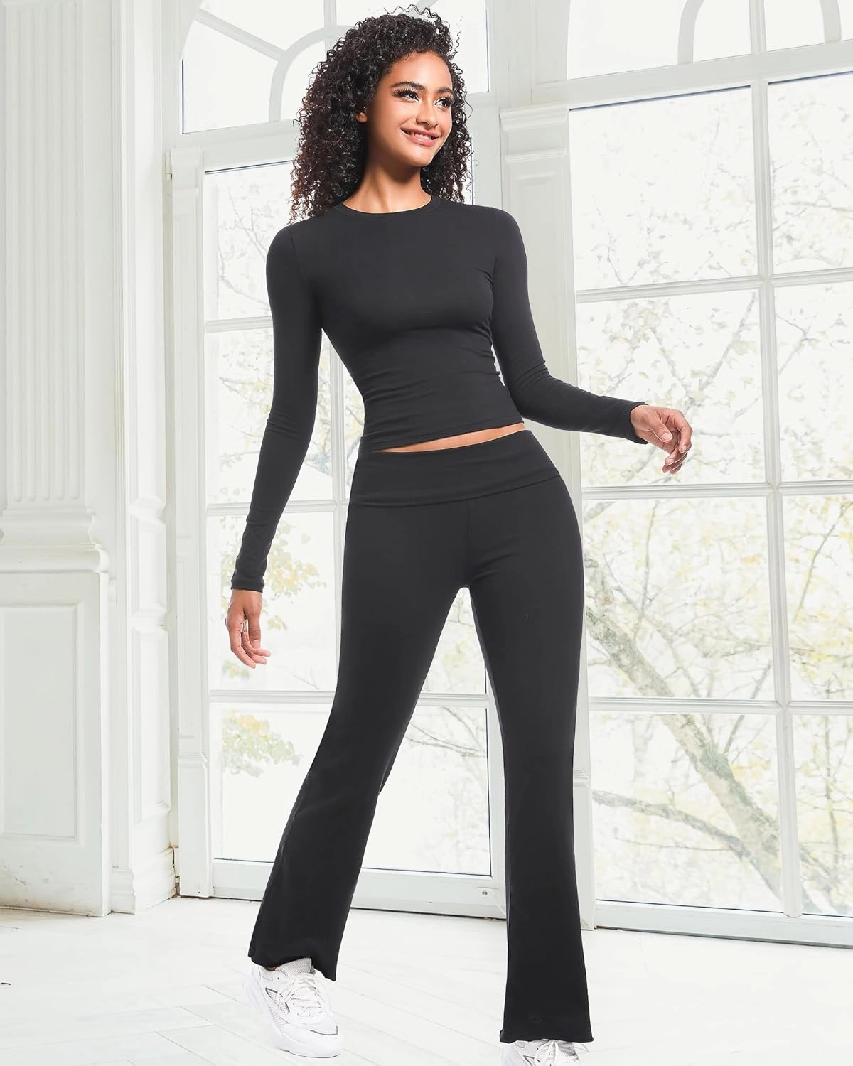 2 Piece Lounge Sets for Women Casual Long Sleeve Crop Top Fold Over Flare Yoga Leggings Pants Outfits Pajamas Set
