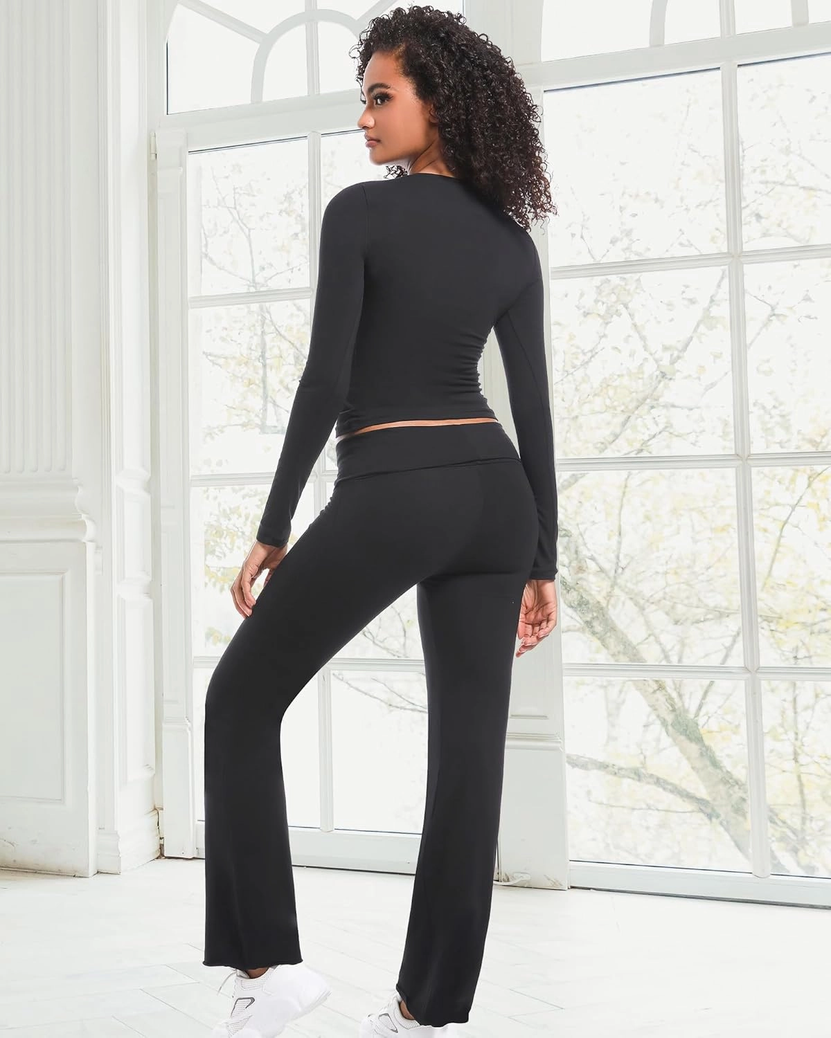 2 Piece Lounge Sets for Women Casual Long Sleeve Crop Top Fold Over Flare Yoga Leggings Pants Outfits Pajamas Set