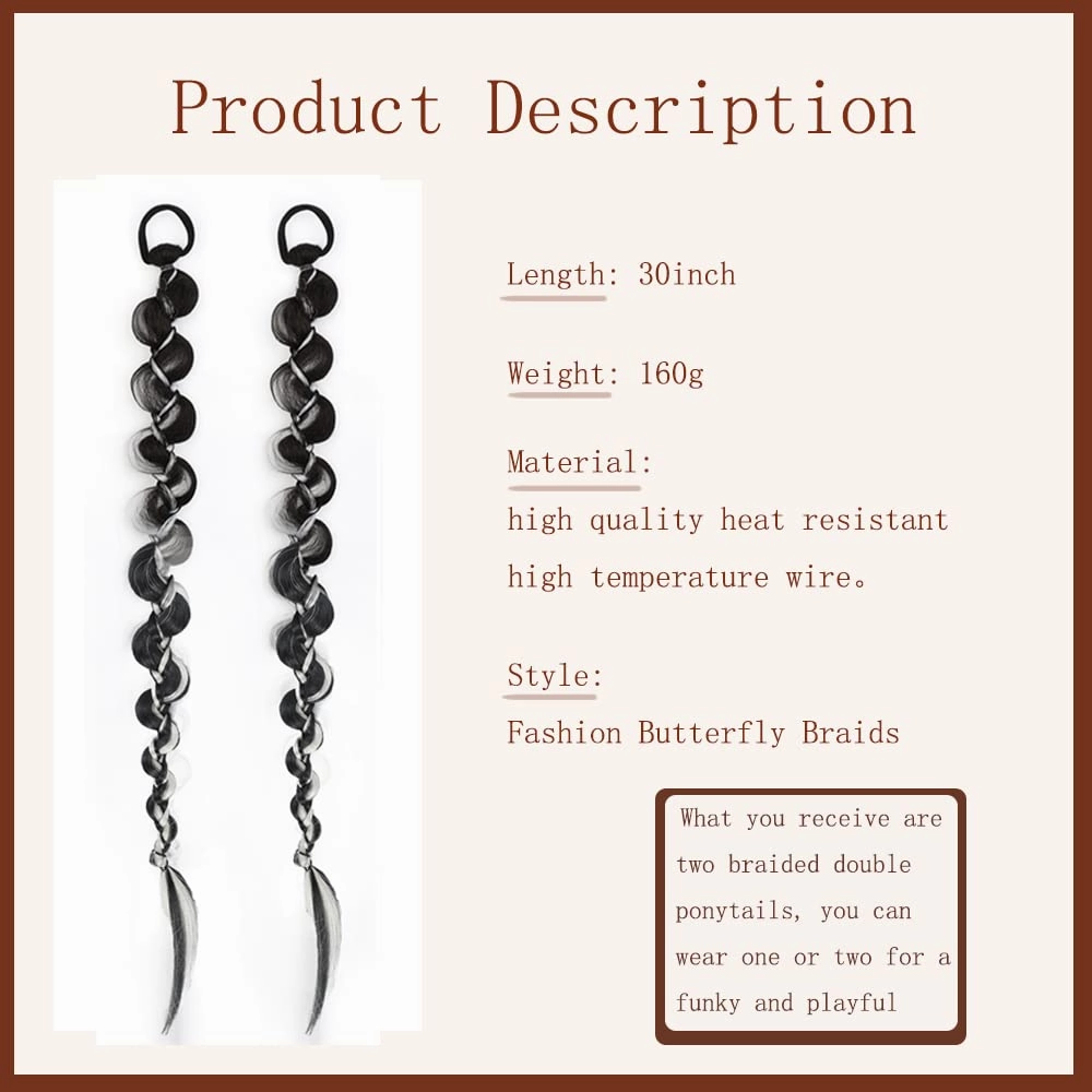 2PCS Long Braided Ponytail Extension, Fashion style twist Butterfly Braided with Hair Tie Straight Wrap Around Hair Extensions Ponytail Natural Soft Synthetic HairPiece for Women Black Highlights grey