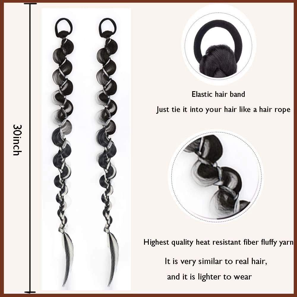 2PCS Long Braided Ponytail Extension, Fashion style twist Butterfly Braided with Hair Tie Straight Wrap Around Hair Extensions Ponytail Natural Soft Synthetic HairPiece for Women Black Highlights grey