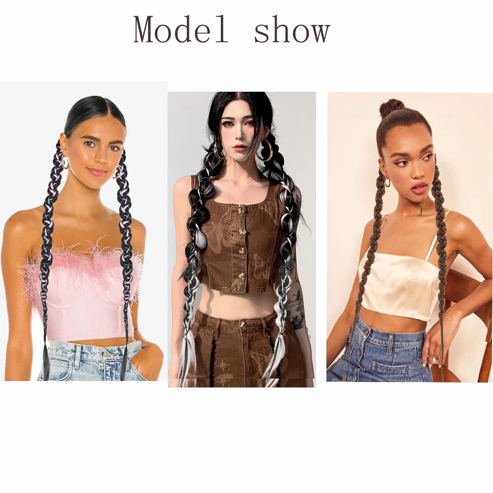 2PCS Long Braided Ponytail Extension, Fashion style twist Butterfly Braided with Hair Tie Straight Wrap Around Hair Extensions Ponytail Natural Soft Synthetic HairPiece for Women Black Highlights grey