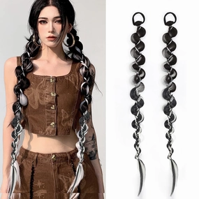 2PCS Long Braided Ponytail Extension, Fashion style twist Butterfly Braided with Hair Tie Straight Wrap Around Hair Extensions Ponytail Natural Soft Synthetic HairPiece for Women Black Highlights grey