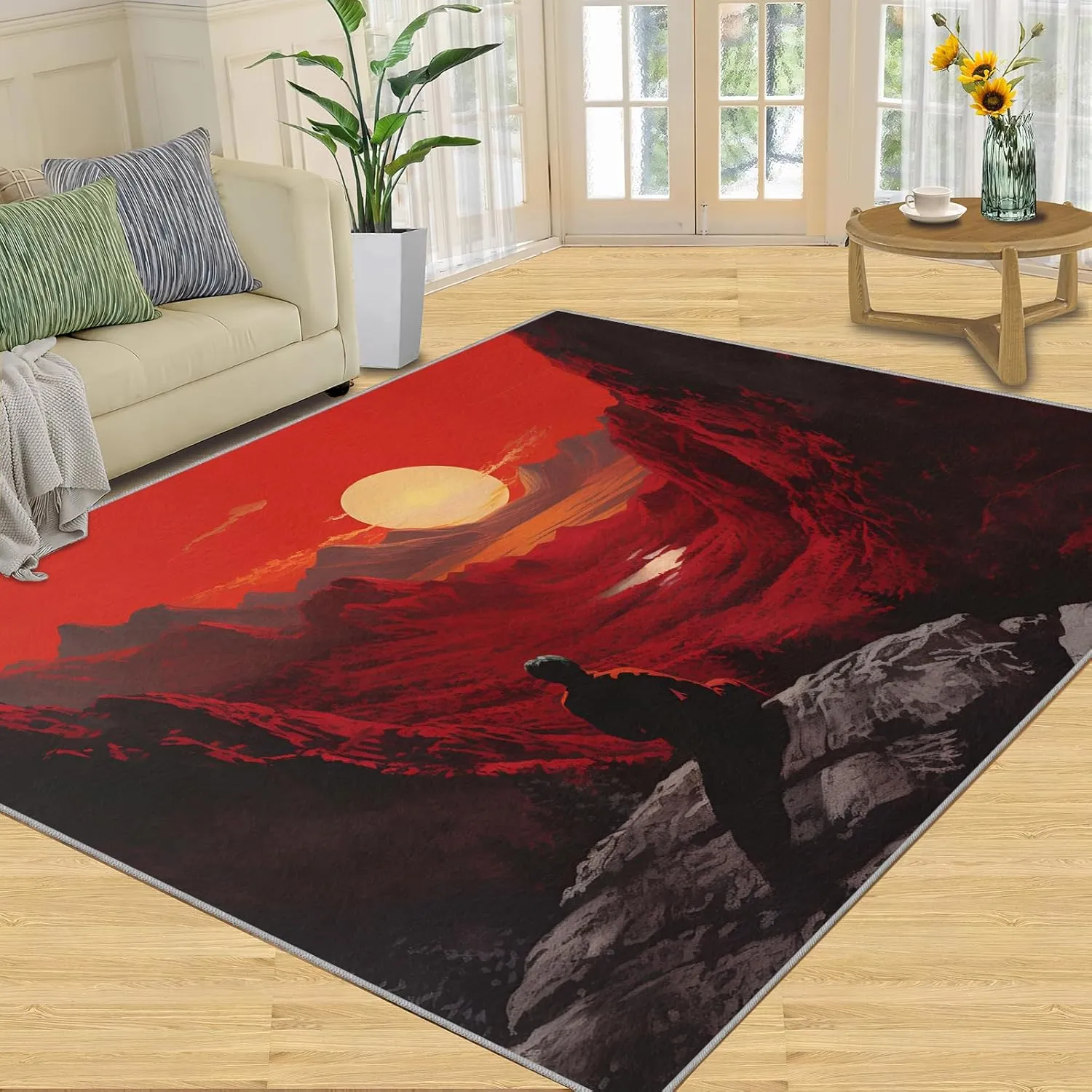 2x4 Scarlet Sunset Runner Rug - Crimson Valley Landscap Rugs for Entryway, Surrealism Kitchen Runner Rug Soft Non Slip Anti Fatigue for Laundry Room Indoor Hallways
