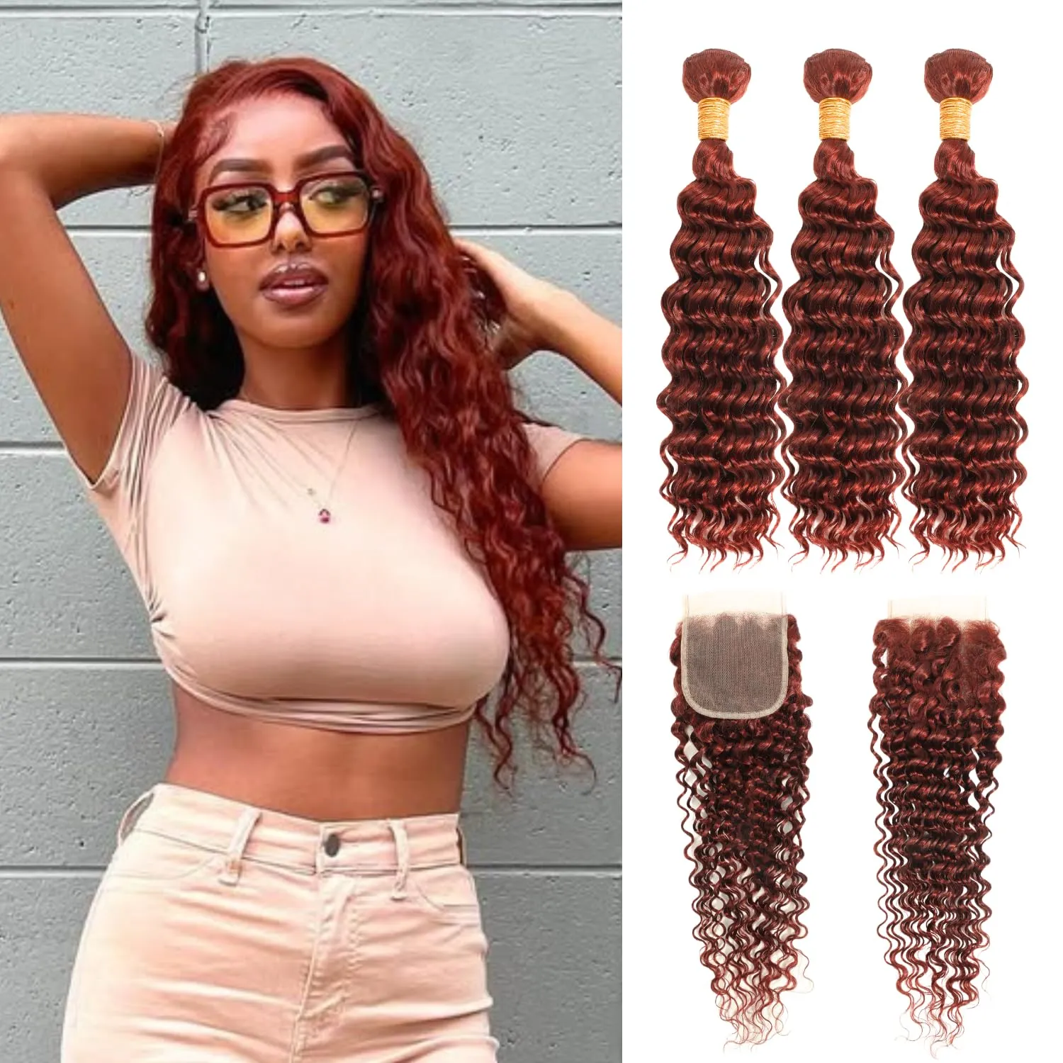 #33B Reddish Brown 3 Bundles with Closure, 100% Virgin 10A Brazilian Curly Weaves Thick Track Auburn Deep Wave Bundles with 4x4 HD Lace Closure Copper Red Colored Human Hair Remy 12 14 16 12