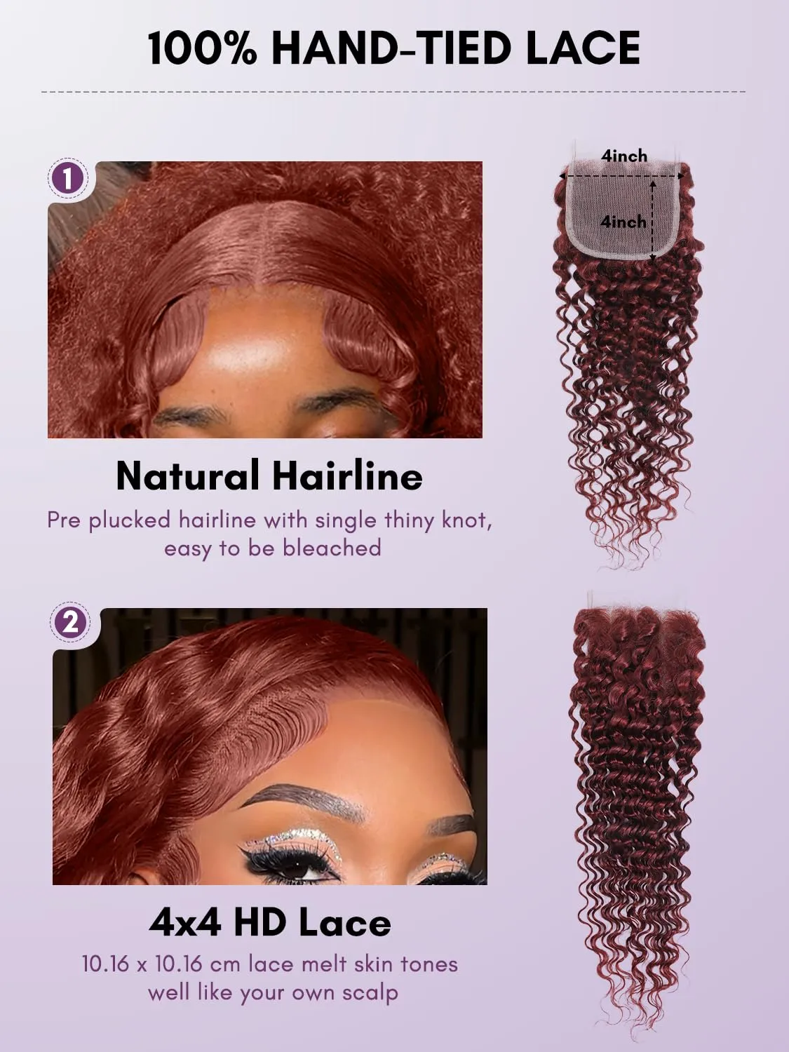 #33B Reddish Brown 3 Bundles with Closure, 100% Virgin 10A Brazilian Curly Weaves Thick Track Auburn Deep Wave Bundles with 4x4 HD Lace Closure Copper Red Colored Human Hair Remy 12 14 16 12