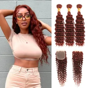 #33B Reddish Brown 3 Bundles with Closure, 100% Virgin 10A Brazilian Curly Weaves Thick Track Auburn Deep Wave Bundles with 4x4 HD Lace Closure Copper Red Colored Human Hair Remy 12 14 16 12