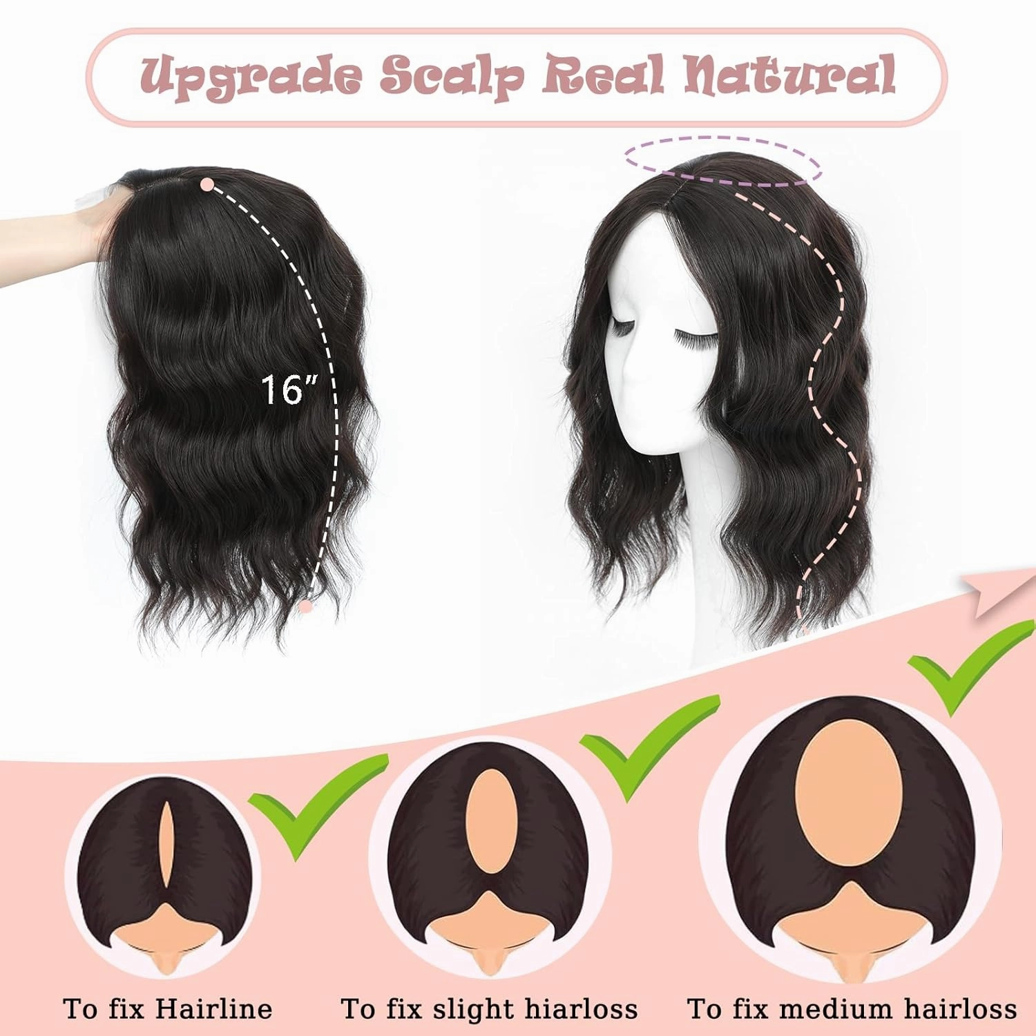 3D Hair Toppers 16inch for Women with Thinning Hair, Middle Part Clip in Bangs Synthetic Curly Wavy Topper for Women Daily (4K)