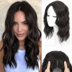 3D Hair Toppers 16inch for Women with Thinning Hair, Middle Part Clip in Bangs Synthetic Curly Wavy Topper for Women Daily (4K)