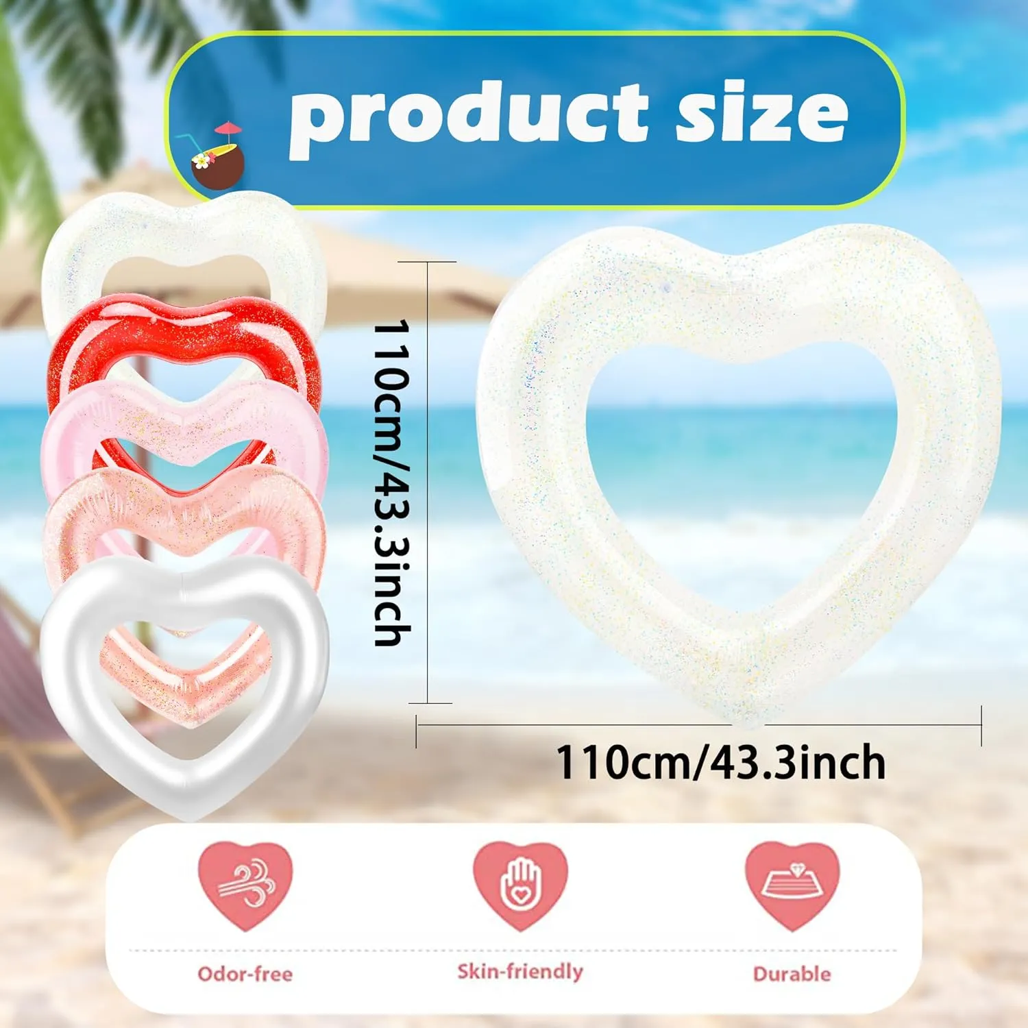 4 Pack Inflatable Swim Rings Float Heart Shaped Swimming Circle Pool Floats for Adults Pool Beach Party Supplies, 47.2 x 39.4 Inch