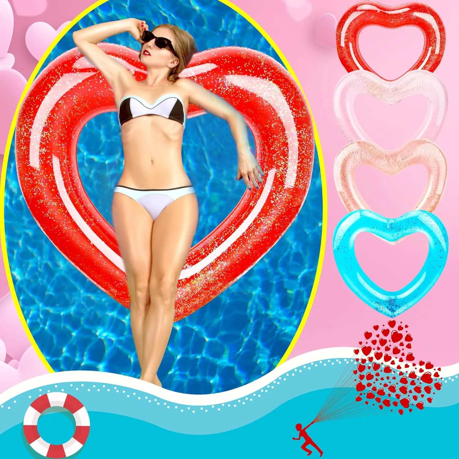 4 Pack Inflatable Swim Rings Float Heart Shaped Swimming Circle Pool Floats for Adults Pool Beach Party Supplies, 47.2 x 39.4 Inch