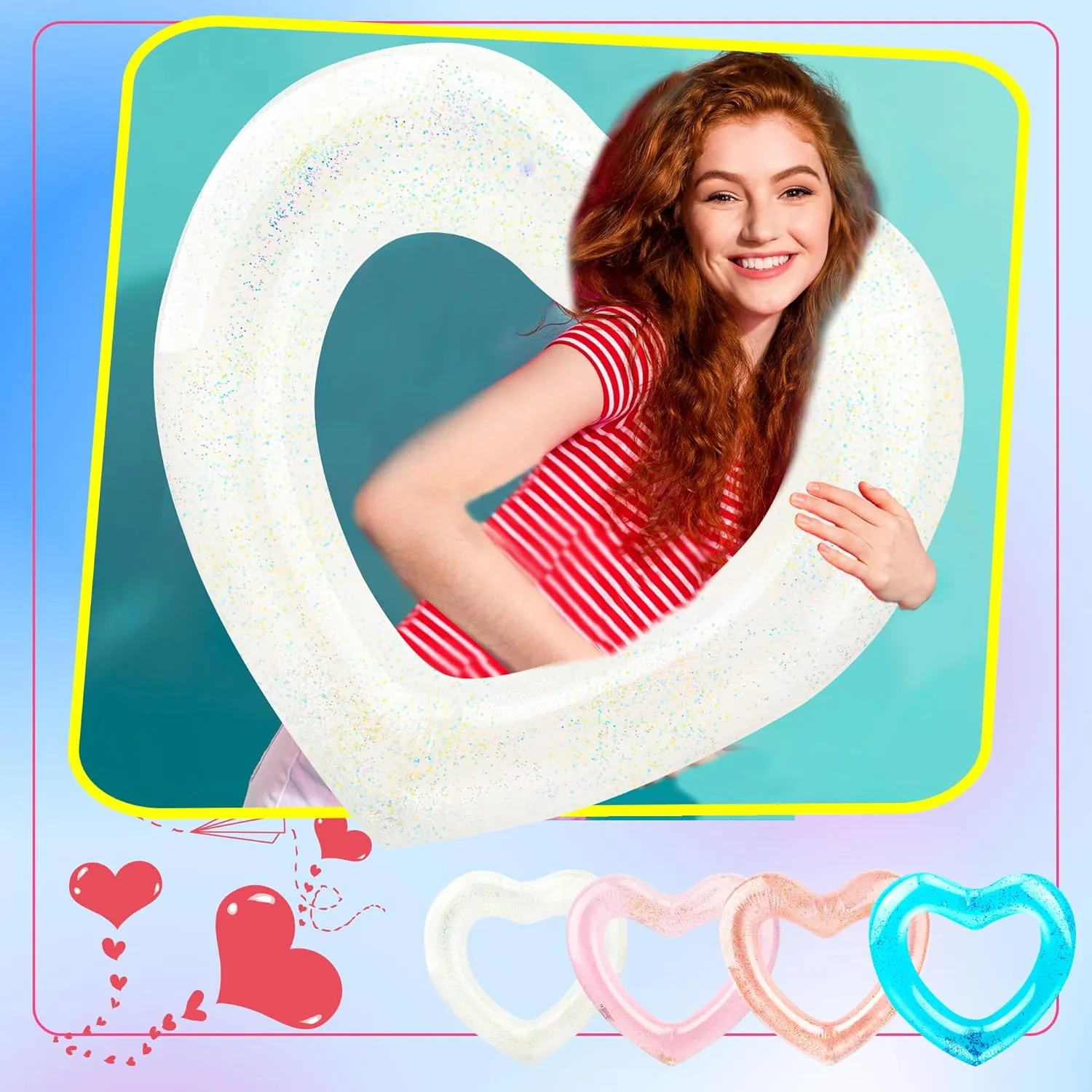 4 Pack Inflatable Swim Rings Float Heart Shaped Swimming Circle Pool Floats for Adults Pool Beach Party Supplies, 47.2 x 39.4 Inch