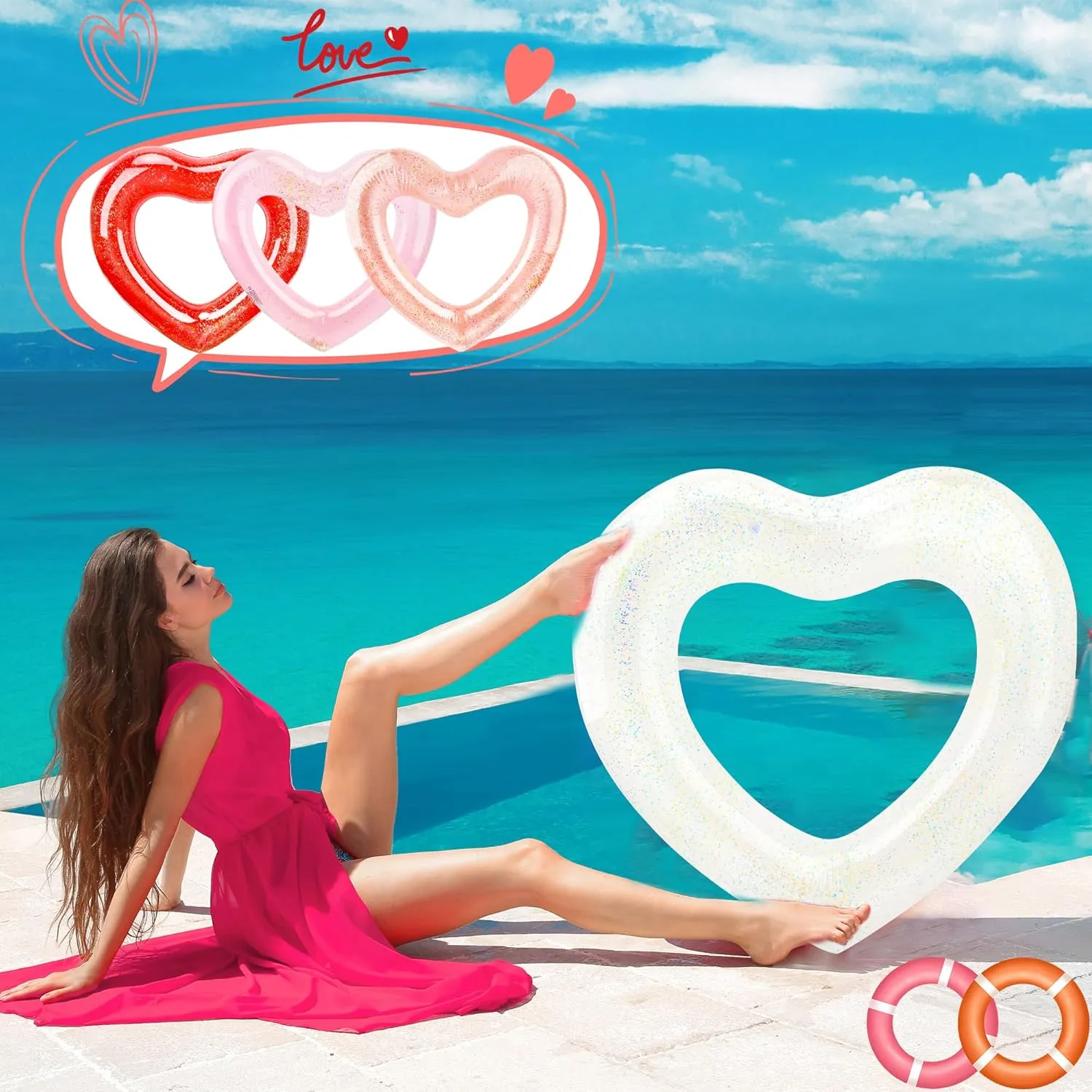 4 Pack Inflatable Swim Rings Float Heart Shaped Swimming Circle Pool Floats for Adults Pool Beach Party Supplies, 47.2 x 39.4 Inch