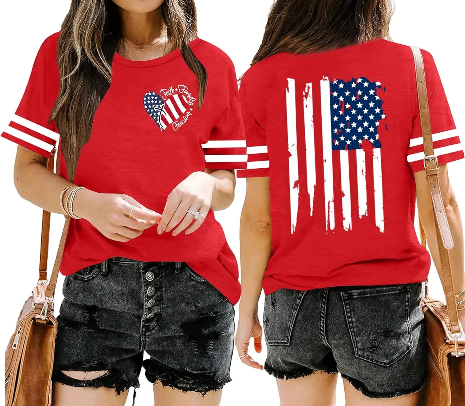 4th of July Shirts Women American Flag T-Shirt USA Flag Stars Stripes Print Patriotic Tee Summer Short Sleeve Casual Tops
