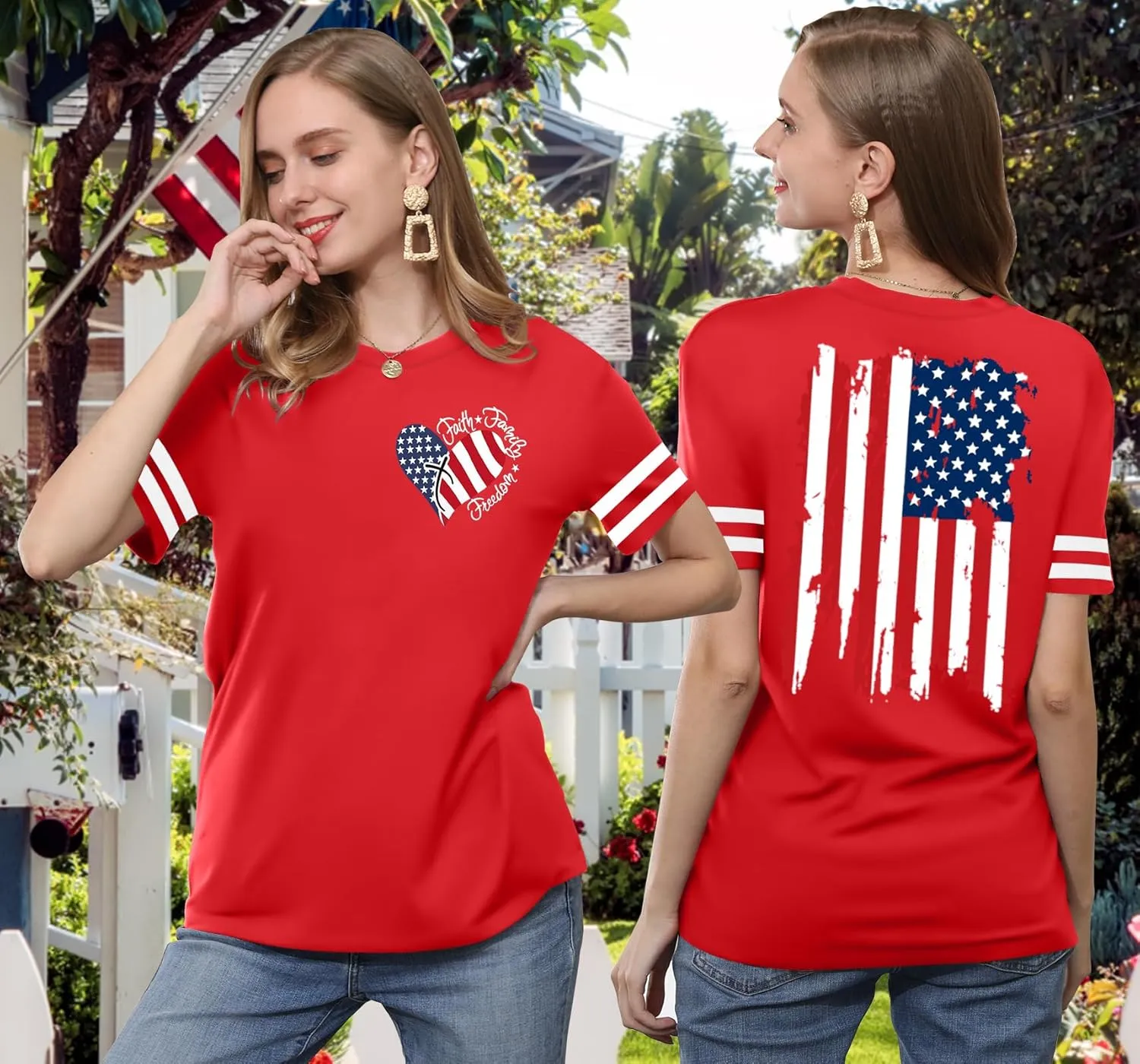 4th of July Shirts Women American Flag T-Shirt USA Flag Stars Stripes Print Patriotic Tee Summer Short Sleeve Casual Tops