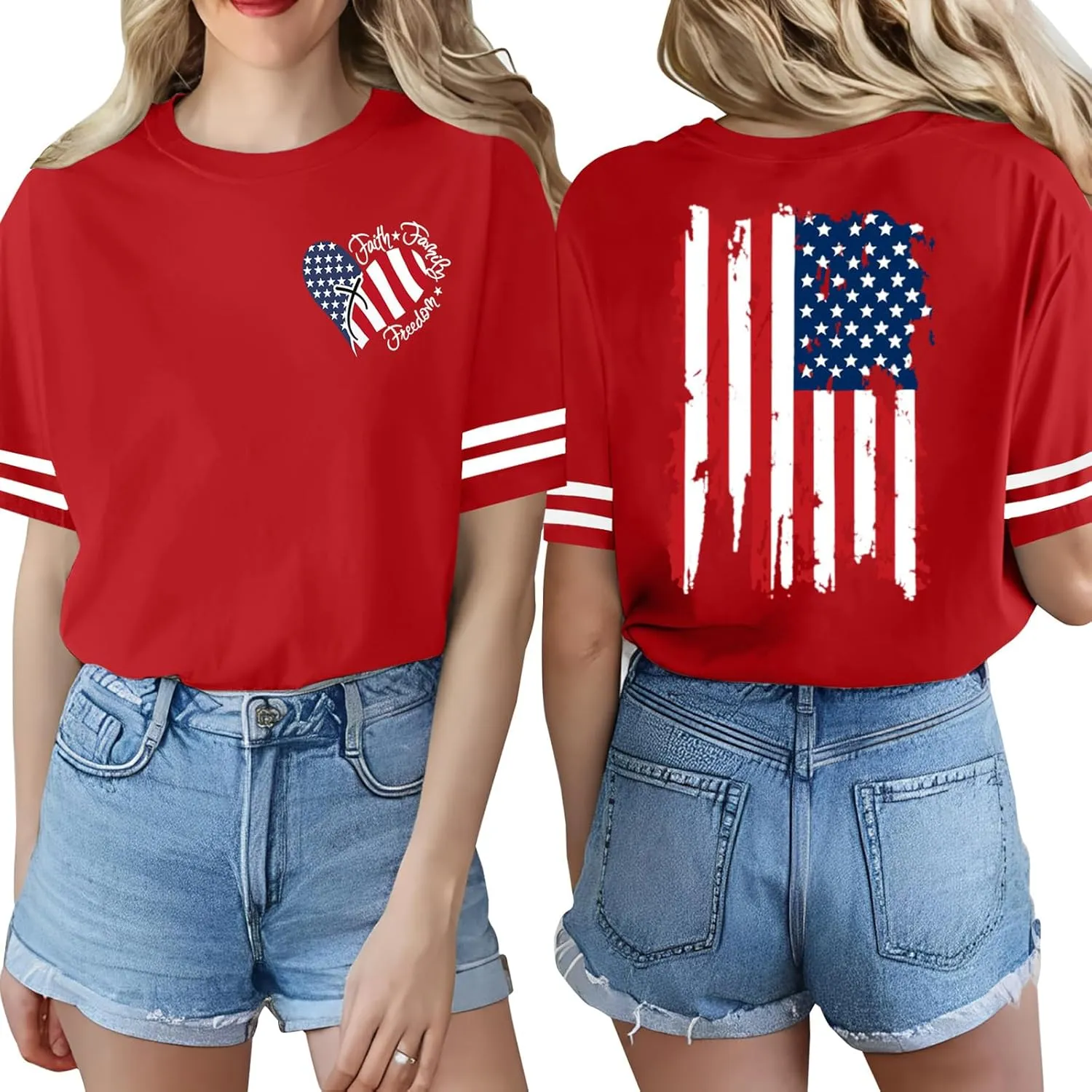 4th of July Shirts Women American Flag T-Shirt USA Flag Stars Stripes Print Patriotic Tee Summer Short Sleeve Casual Tops