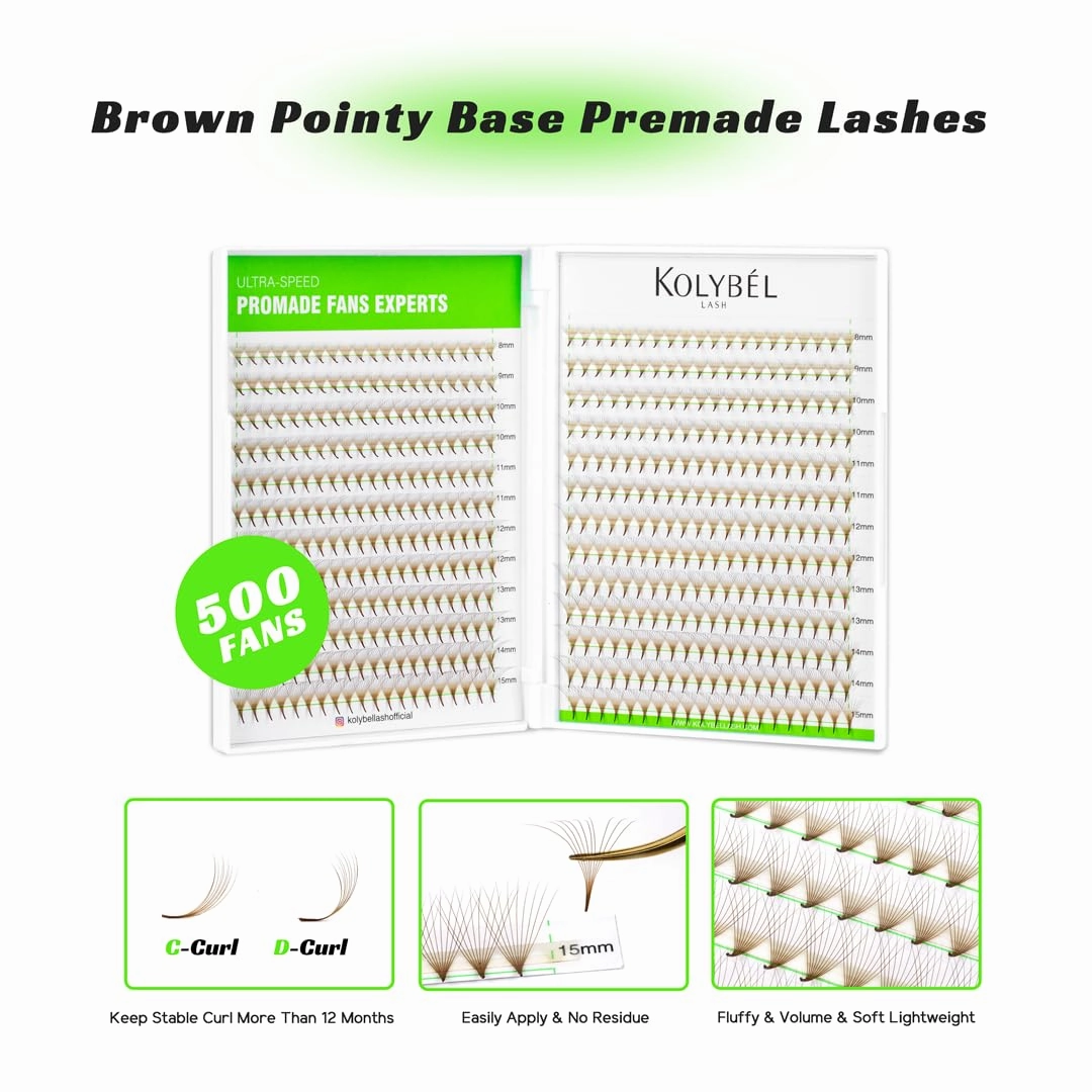 500 Premade Fans Eyelash Extensions 8-15mm Mixed Length Brown Promade Lash Fans D Curl Premade Fans Pointed Thin Base Handmade Volume Premade Lash Extensions Fans(Brown,10D-0.07-D-8-15MM)