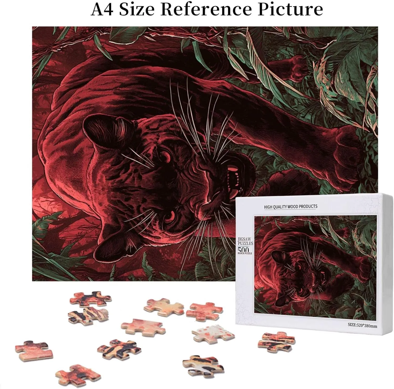 500pcs Wooden Jigsaw Puzzle,Crimson Panther in Jungle,Challenging Brain Exercise,Therapeutic Primal Focus,Premium Cut,Enjoy The Solving Process,Ideal for Relaxation and Family Fun