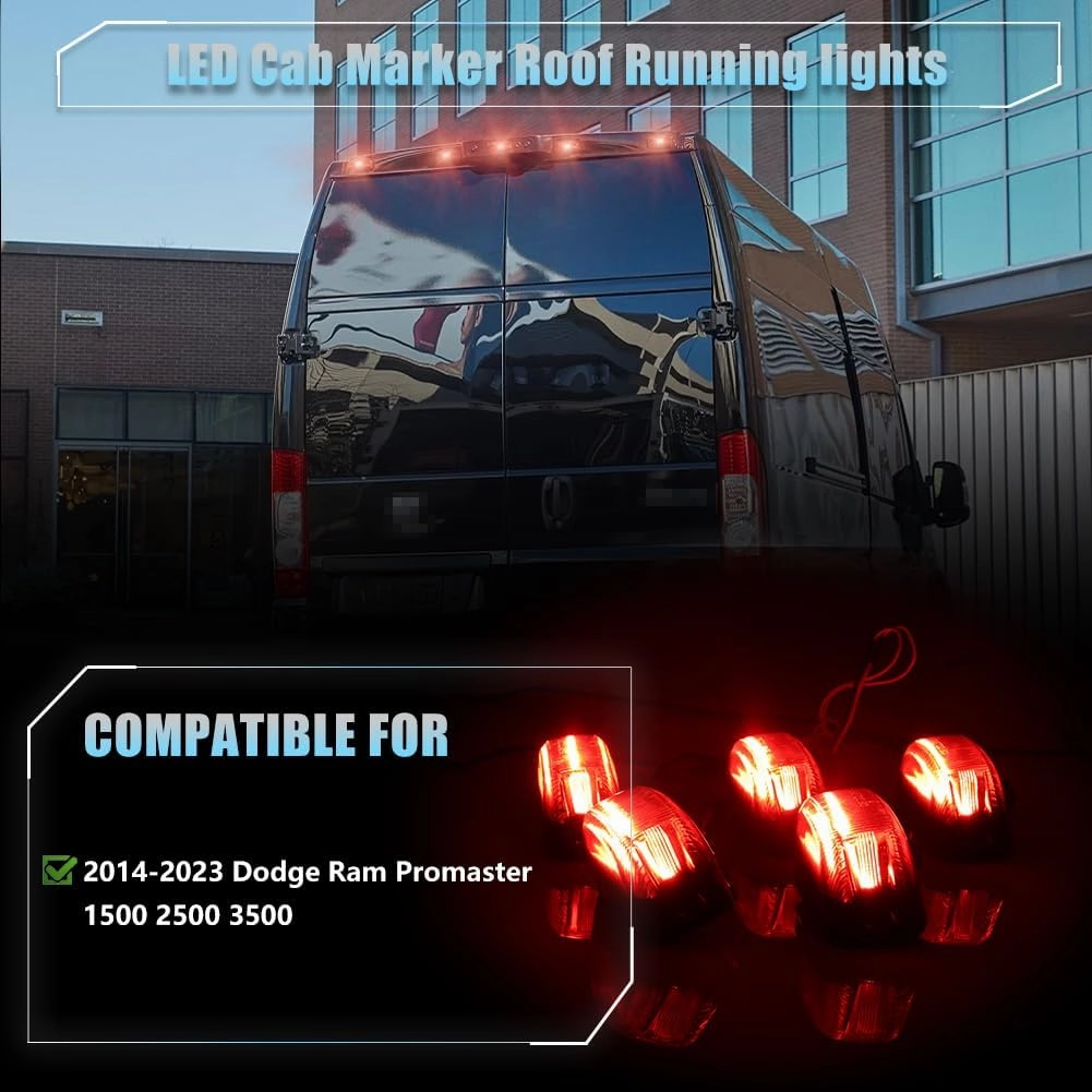 5 PCS Smoked Lens LED Rear Cab Roof Marker Lights Replacement for 2014-2023 Dodge RAM PROMASTER 1500 2500 3500 Led Roof Running Lights, Red 18 LED Roof Top Clearance Lights