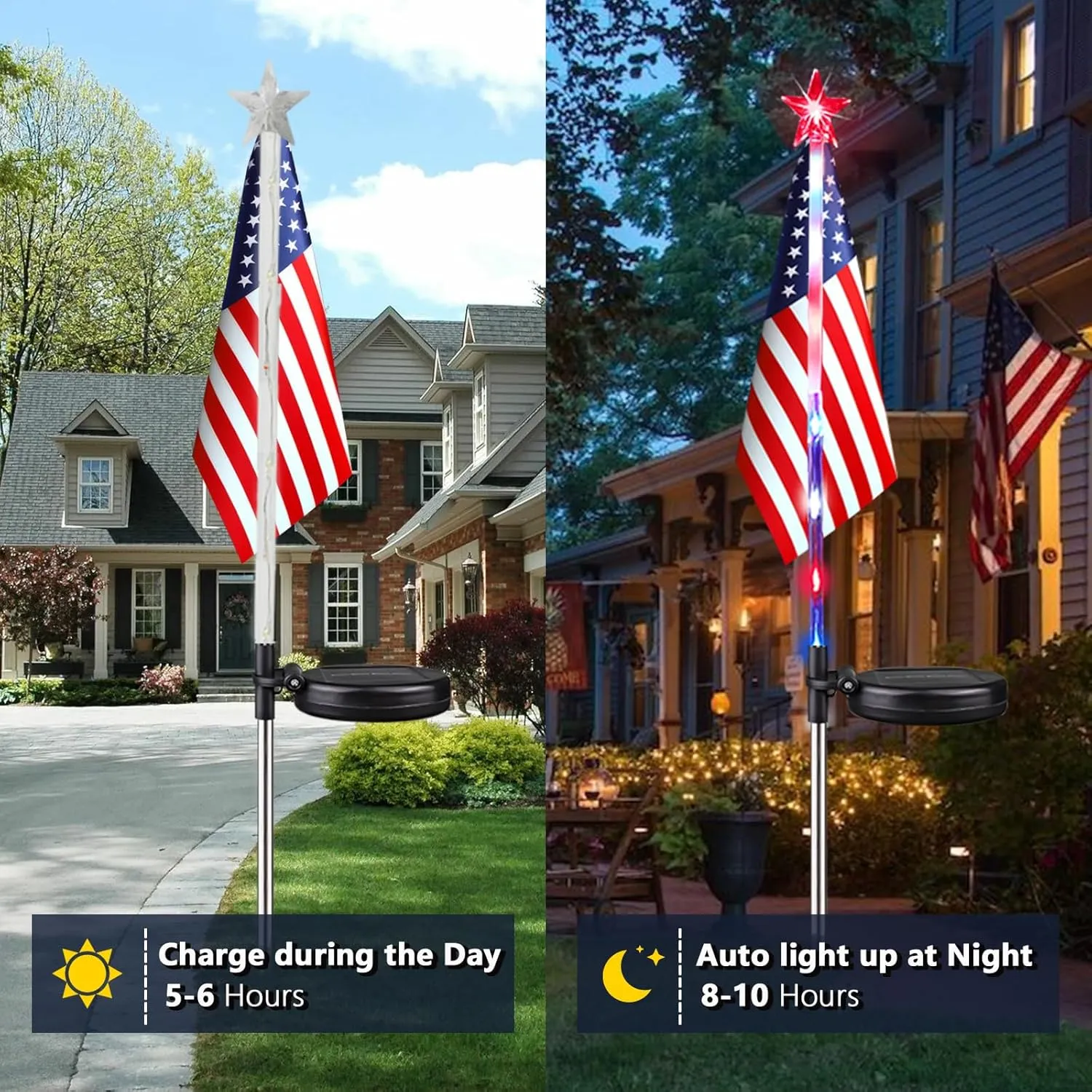 6 Pack 4th of July Decorations Outdoor Solar Lights, Red White and Blue Star Lights for National Day with American Flag, 2 Modes Waterproof Patriotic Light for Independence Memory Day Garden Yard Path