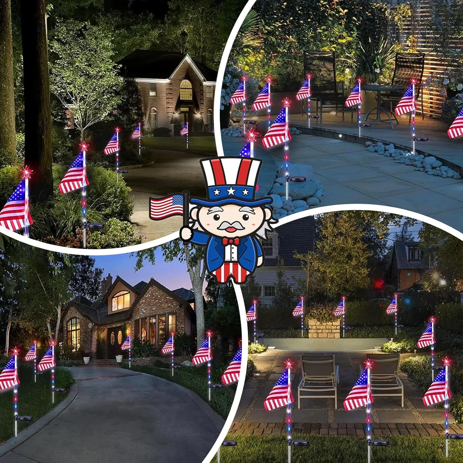 6 Pack 4th of July Decorations Outdoor Solar Lights, Red White and Blue Star Lights for National Day with American Flag, 2 Modes Waterproof Patriotic Light for Independence Memory Day Garden Yard Path