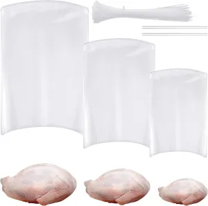 60 Pack 3 Size Poultry Shrink Bags Chicken 3 Size Clear Poultry Heat Shrink Wrap with 100 Pcs White Ties and 2 Pcs Clear Silicone Straw for Rabbits Turkey Meat Food Storage
