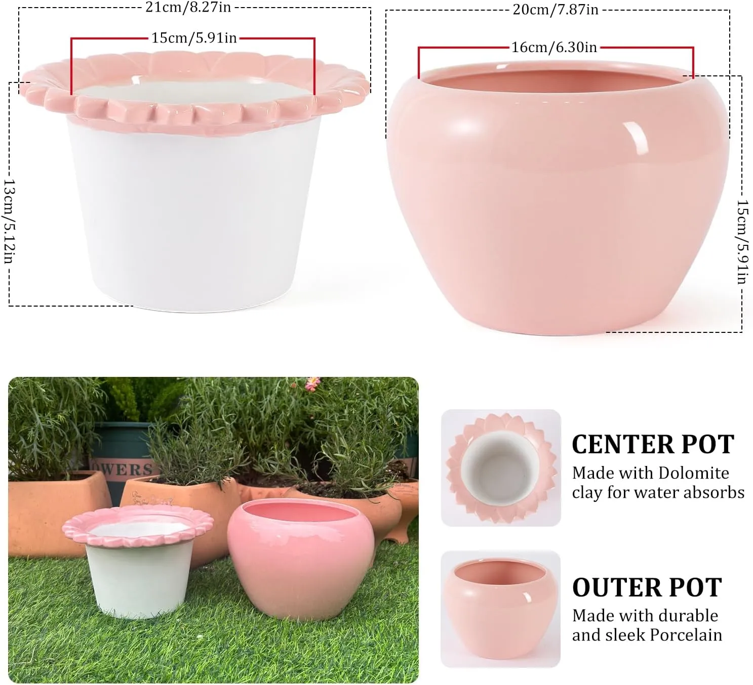 8in Pink Ceramic Self Watering Planter - Terracotta Maintenance Plant Seeder for Indoor African Violet Plants