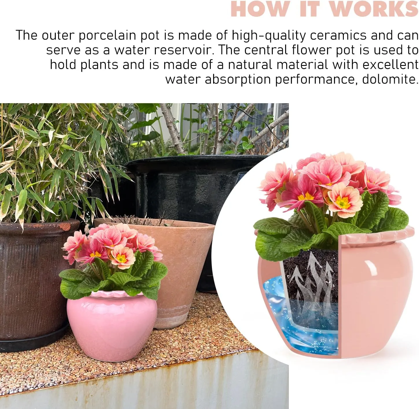 8in Pink Ceramic Self Watering Planter - Terracotta Maintenance Plant Seeder for Indoor African Violet Plants