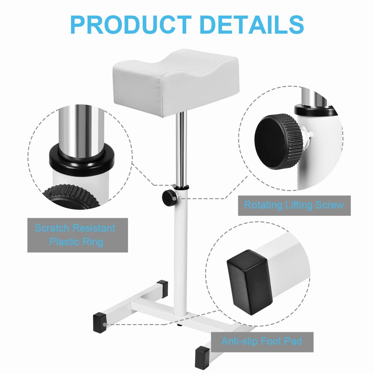Adjustable Height Pedicure Stool with Soft Cushion, Non-Slip Footrest for Salon Spa Beauty, White