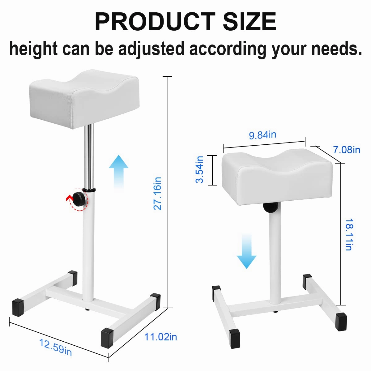 Adjustable Height Pedicure Stool with Soft Cushion, Non-Slip Footrest for Salon Spa Beauty, White