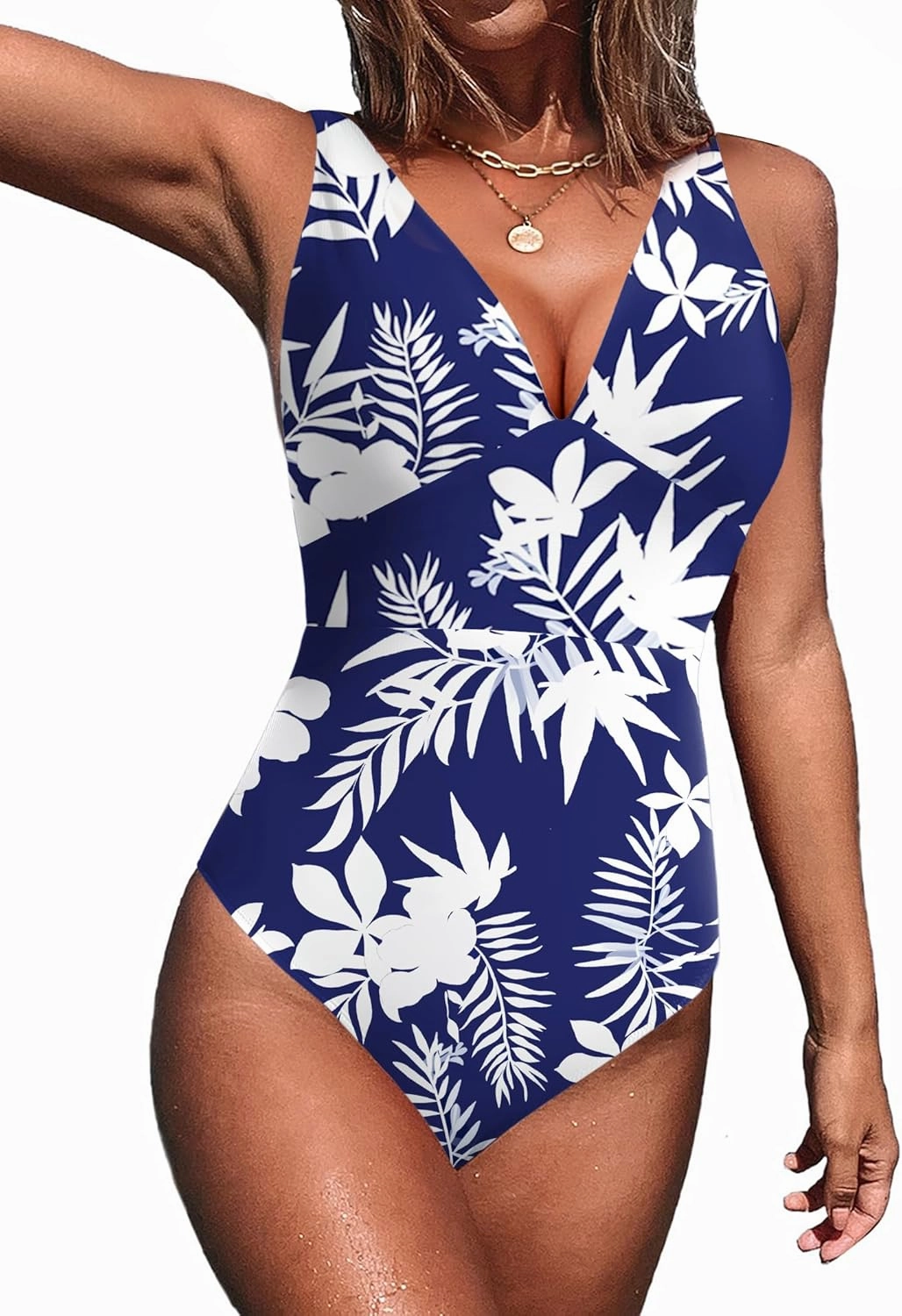 AI'MAGE Women One Piece Swimsuit Tummy Control V Neck Bathing Suits High Cut Adjustable Strap Monokini Swimwear S-XXL
