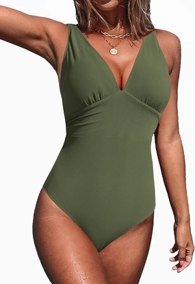 AI'MAGE Women One Piece Swimsuit Tummy Control V Neck Bathing Suits High Cut Adjustable Strap Monokini Swimwear S-XXL
