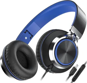 AILIHEN C8 USB-C Headphones Wired - On-Ear Corded Headset with Microphone & Volume Control, Foldable Stereo Sound Tangle-Free Type C Cord, Compatible with Cellphone, Laptop, PC (Black Blue)