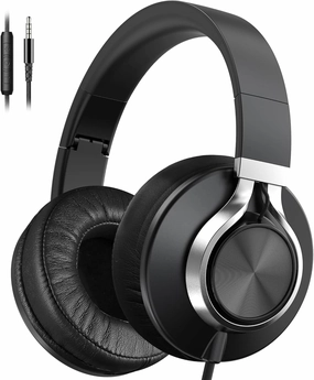 AILIHEN Wired Headphones with Microphone, Over-Ear Foldable Corded Headphones with Volume Control 3.5mm for Teens Adult Smartphones Chromebook (Black)