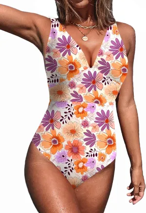 AI'MAGE Women One Piece Swimsuit Tummy Control V Neck Bathing Suits High Cut Adjustable Strap Monokini Swimwear S-XXL