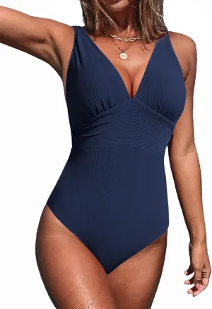AI'MAGE Women One Piece Swimsuit Tummy Control V Neck Bathing Suits High Cut Adjustable Strap Monokini Swimwear S-XXL